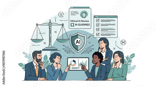 Ethical AI Governance Review Illustration with Compliance Checklist, Risk Management, AI Policy Guidelines, Data Privacy, Legal Regulation, Audit Team Meeting Vector