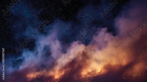 Wallpaper Mural Vivid nightscape portrays fiery glow against starlit sky, with plumes of smoke, and warm hues Torontodigital.ca