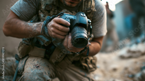 Wallpaper Mural Professional male war journalist holding camera taking picture in conflict zone with intense focus capturing battle scene news Torontodigital.ca