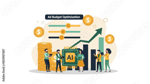 AI Ad Budget Optimization Illustration with Marketing Team, Coins and Growth Chart, PPC Campaign Spending Control, ROI Improvement, Digital Advertising Analytics, Finance Strategy Vector