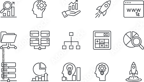 Business intelligence and data analytics line icon set featuring financial growth charts, cloud server infrastructure, strategic brainstorming, startup rocket launches,