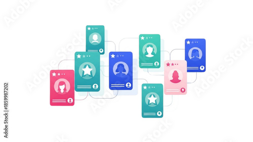 "Connected User Profiles with Star Ratings Network: Vector Illustration of Social Media Reviews, Feedback Chain, and Customer Testimonials Links
