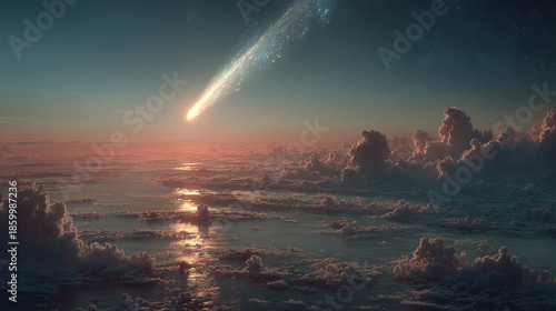 A bright comet streaks across the sky above a reflective ocean and cloudscape.