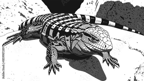 Graphic illustration of a black and white Argentine tegu lizard on a rocky surface. Design for educational wildlife posters or exotic pet care branding. Transparent background EPS version.