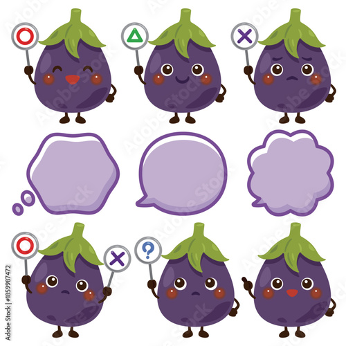 ○×△の札を持ったナスのキャラクター／Cute Eggplant Character Illustration Holding O, X, and Triangle Signs