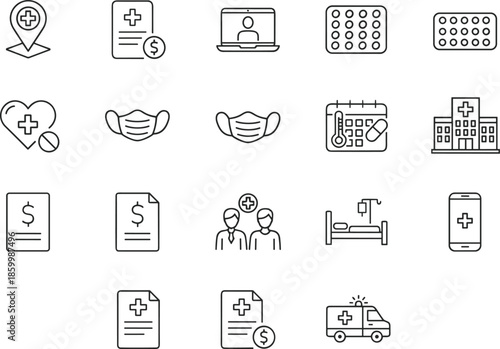 Healthcare and medical services line icon set featuring telemedicine, hospital buildings, face masks, pharmaceutical blister packs, ambulance vehicles, and medical billing symbols.
