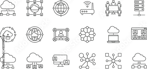 Cloud computing and remote teamwork line icon set featuring network server infrastructure, global data connectivity, virtual meetings, and decentralized database management symbols.