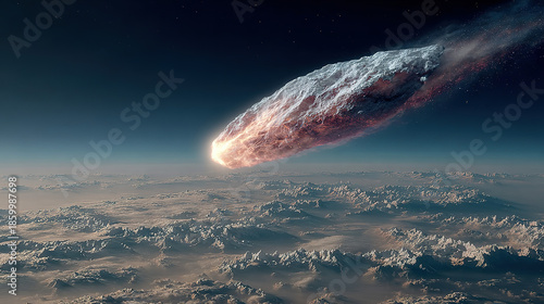 A massive asteroid hurtling towards Earth's atmosphere from space.