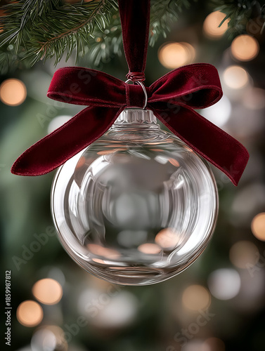A glass ornament hanging elegantly from a Christmas tree, illuminated by soft, glowing lights in the background.