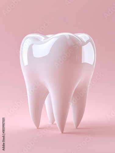 A glossy, three-dimensional tooth model on a soft pink background, symbolizing dental health and care.