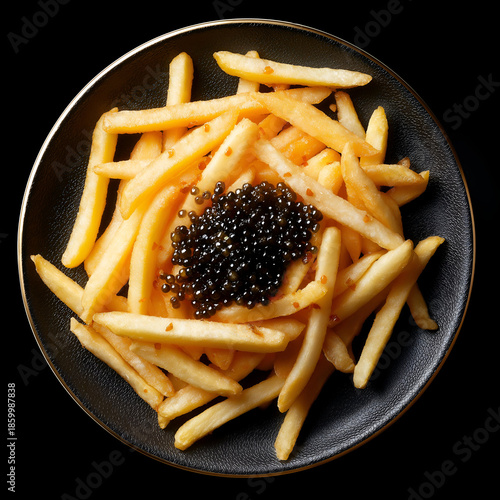 A gourmet dish featuring crispy fries topped with luxurious black caviar for an indulgent culinary experience.