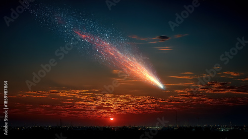 Bright meteor streaking through night sky above a cityscape at sunset.