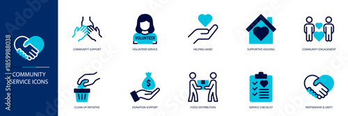 Community Service Blue Colored Outline Icon Set