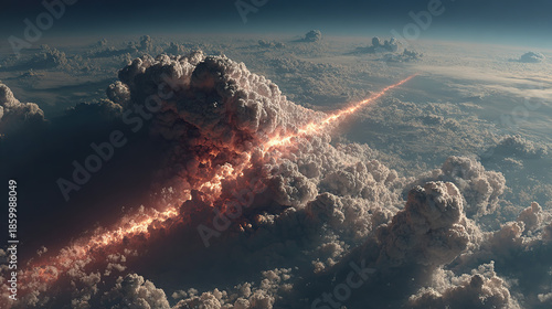A lightning bolt strikes through dense, dark clouds in the sky.
