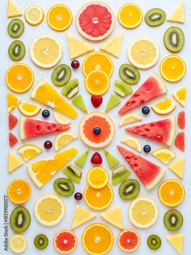 Vibrant Composition of Citrus Fruits and Kiwi Slices Flat Lay Presentation