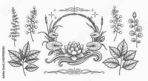 Botanical illustration of various flowers.