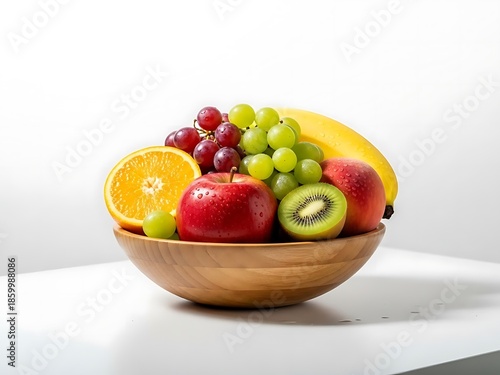 Vibrant fruit arrangement in rustic wooden bowl, minimal white background