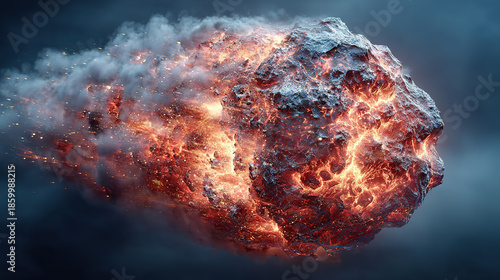 An asteroid burning and breaking apart as it travels through space.
