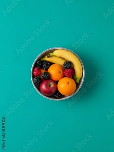 Vibrant Fruit Bowl on Teal Background Capturing Healthy Eating and Freshness