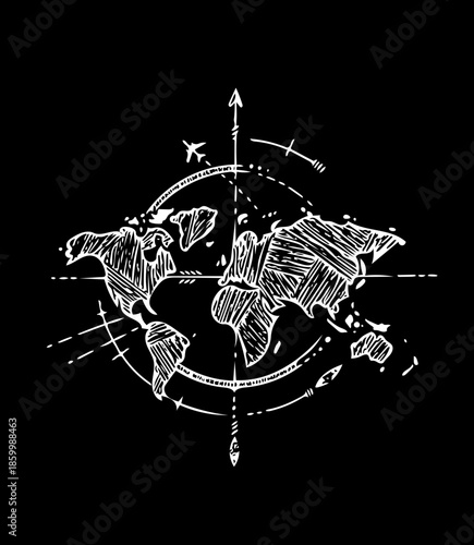 Unique sketch style world map with navigation lines and an airplane, illustrating the spirit of global travel, exploration, and adventure journeys