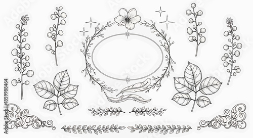 Floral wreath with leaves and branches.