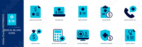 Medical Billing Blue Colored Outline Icon Set