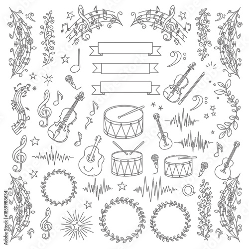 Music instruments and musical notes.