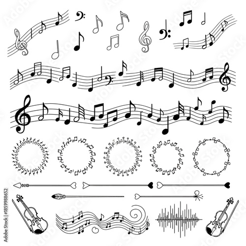 Music notes and musical symbols.