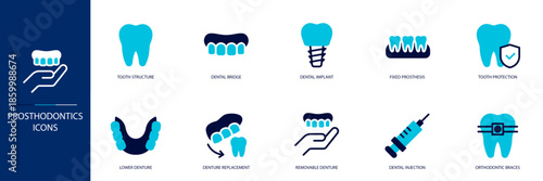 Prosthodontics Blue Colored Outline Icon Set