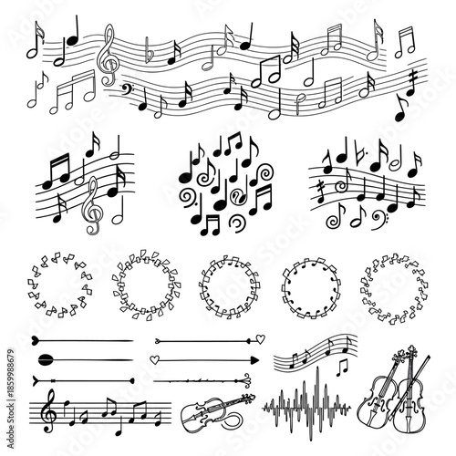 Music notes and musical symbols.