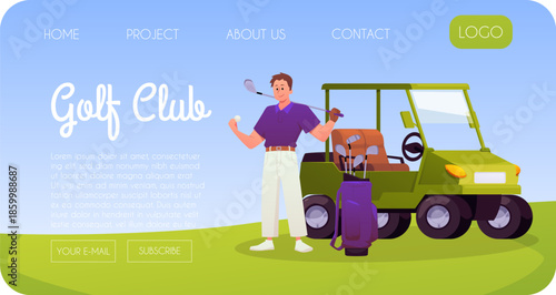 Golf club vector landing page advertising design, sportsman with club and ball golf equipment, clubs bag, small car cart