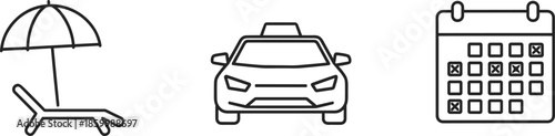 Travel and leisure line icon set featuring a beach lounge chair with umbrella, a modern taxi vehicle, and a monthly planning calendar.