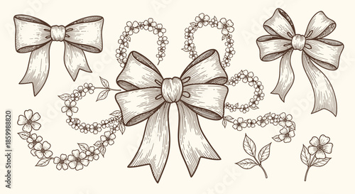 Ribbons and floral decorative elements.