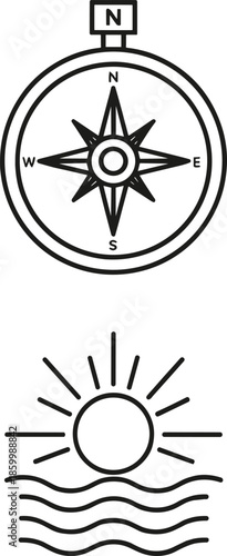 Navigation and direction line icon set featuring a detailed nautical compass with cardinal points and a sunset over water waves symbol.