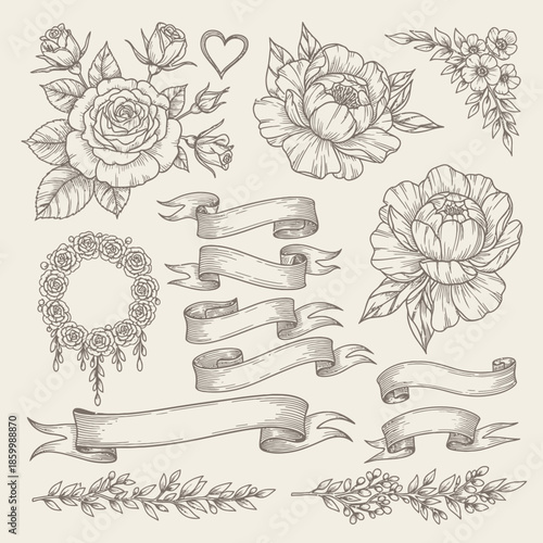 Ribbons and flowers decorative elements.