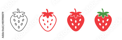 Set of minimalist strawberry icons with transparent background, graphic elements for menus, healthy food, and natural product branding, vector illustration