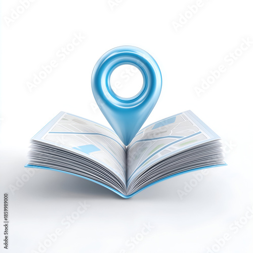 Stylish map book with a location pin symbolizing navigation and exploration for travel enthusiasts.