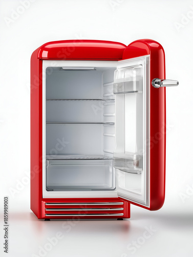 Stylish red retro fridge with open door, showcasing minimalist interior design and modern aesthetics in kitchen.