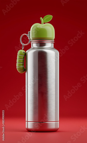 Stylish stainless steel water bottle with a unique green apple cap design, perfect for hydration on the go.