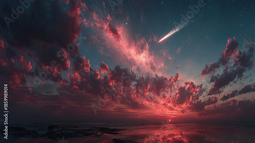 Stunning night sky over the ocean with clouds and a bright comet or shooting star.