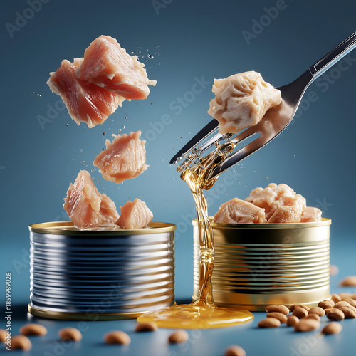 Vibrant display of canned meat chunks being lifted by a fork, showcasing freshness and quality in a dynamic composition.