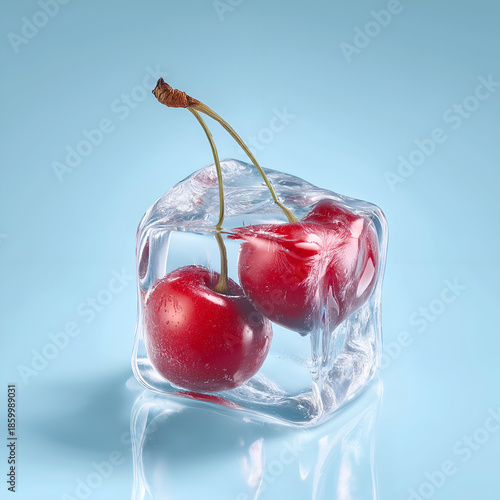 Two fresh cherries nestled in a glistening ice cube against a soft blue background, showcasing vibrant colors and textures.