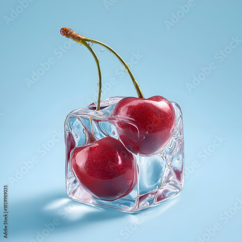 Two glossy cherries nestled in a clear ice cube against a soft blue background, creating a refreshing visual treat.