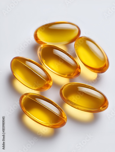 Vibrant orange gel capsules arranged on a white background, showcasing their shine and texture.