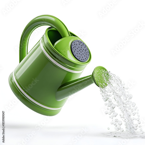 Vibrant green watering can pouring fresh water, perfect for gardening and plant care, symbolizing nurture and growth.