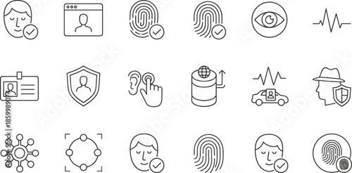 Biometric security and identity verification line icon set featuring fingerprint scanning, facial recognition, voice pattern analysis, secure user profiles,