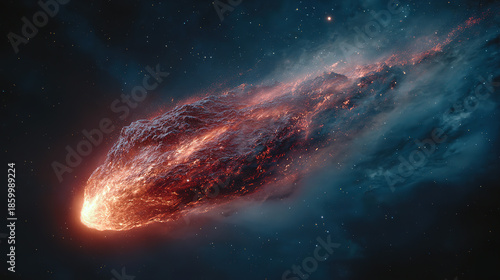 A fiery meteor or asteroid streaking through space with a glowing tail.