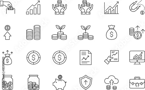 Financial savings and investment growth line icon set featuring piggy banks, money jars, retirement planning, revenue charts, capital magnets, and wealth protection.