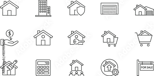 Real estate and property market line icon set featuring residential houses for sale, apartment buildings, home insurance protection, mortgage calculators, and housing commerce.