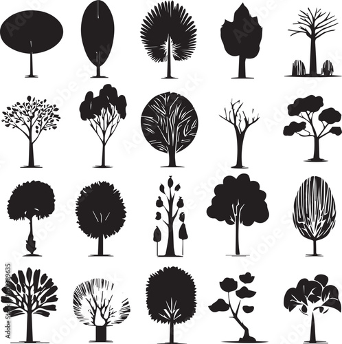 Tree silhouette set natural forest botanical shapes isolated design on white background 